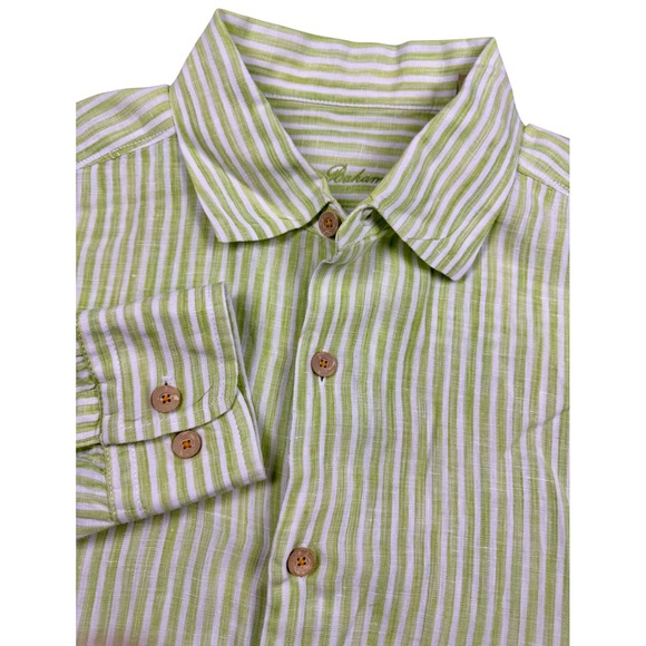 Tommy Bahama Linen Shirt Mens Large Green White Striped Long Sleeve Button Down - Picture 1 of 10